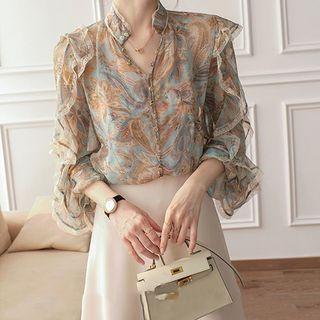 Long-sleeve Ruffle Trim Pattern Shirt + High-waist Plain Skirt