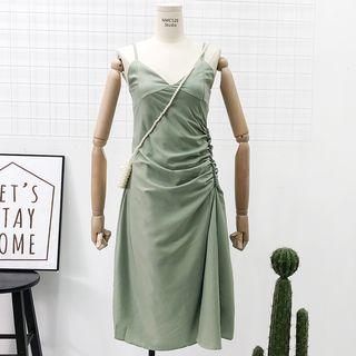 Ruched-side V-neck Plain Dress