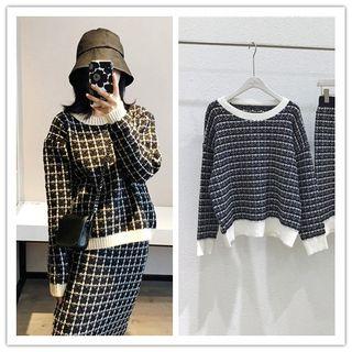 Plaid Sweater / Midi Straight-fit Skirt / Set