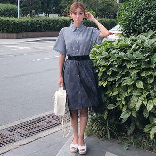 Set: Plaid Short-sleeve Blouse + Midi Skirt