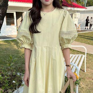 Lantern-sleeve Accordion Pleat Maxi Dress
