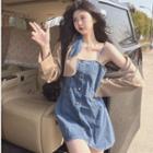 Spaghetti Strap Button-up Denim Mini Sheath Dress / Cropped Blazer