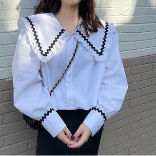 Puff Long-sleeve Sailor Collar Contrast Trim Loose Fit Shirt