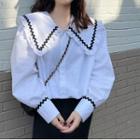 Puff Long-sleeve Sailor Collar Contrast Trim Loose Fit Shirt