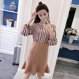 Set: Striped 3/4-sleeve Blouse + Suspender Skirt