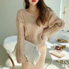 V-neck Cable-knit Sweater Beige - One Size