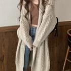 Cable Knit Medium Long Long-sleeve Sweater Cardigan Khaki - One Size