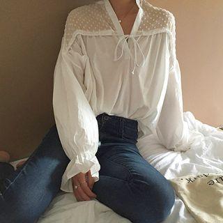 Mesh Panel Puff-sleeve Blouse