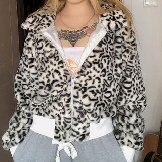 Set: Leopard Print Zip Faux Fur Jacket + Chained Hat