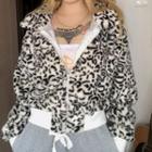 Set: Leopard Print Zip Faux Fur Jacket + Chained Hat