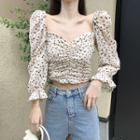 Long-sleeve Square-neck Floral Print Blouse Floral - Almond - One Size