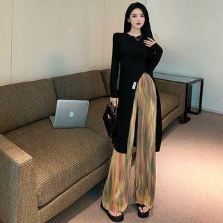 Slited Long T-shirt / Tie-dyed Wide-leg Pants
