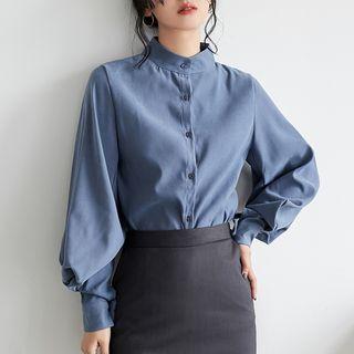 Plain Stand Collar Lantern-sleeve Blouse