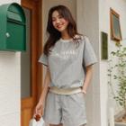 Set: Letter Piped T-shirt + Rollup-hem Shorts