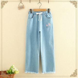 Embroidered Drawstring Straight-leg Jeans (various Design)