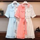 Two-tone Striped Short-sleeve A-line Shirtdress