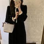 Lace Trim Lantern-sleeve Velvet Dress Black - One Size