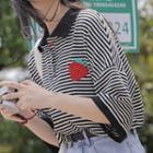 Elbow-sleeve Strawberry Embroidered Striped Polo Shirt Stripe - One Size
