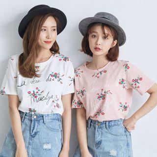 Short Sleeve Floral Letter T-shirt