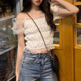 Off-shoulder Ruffled Lace Panel Top White - One Size