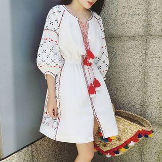 Embroidered Lantern Sleeve A-line Dress