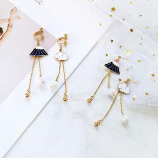 Non-matching Alloy Faux Pearl Mt Fuji & Cloud Fringed Earring