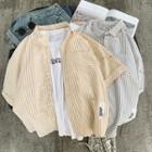 Japanese Character Embroidered Striped Short-sleeve Shirt