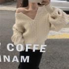 Off-shoulder V-neck Sweater / Plain Slim-fit Skirt