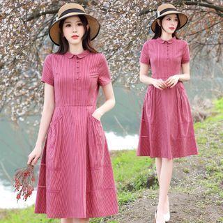 Short-sleeve Pinstriped Midi A-line Dress