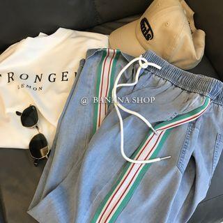High-waist Color-block Striped Straight-cut Jeans