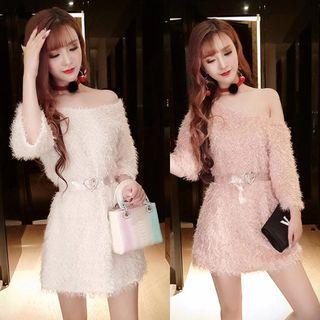 Elbow-sleeve Cold-shoulder Feather-accent Mini Dress