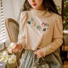 Long-sleeve Floral Embroidered Cropped Blouse / Mesh Overlay Midi A-line Skirt
