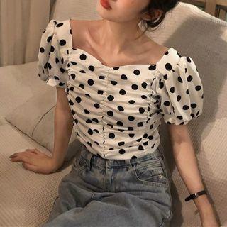 Short-sleeve Dot Print Blouse Dot Print - Black & White - One Size