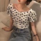 Short-sleeve Dot Print Blouse Dot Print - Black & White - One Size