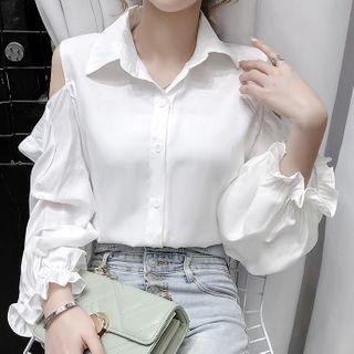 Long-sleeve Cold Shoulder Frill Trim Shirt