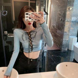 Long-sleeve Lace Up T-shirt Blue - One Size