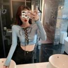 Long-sleeve Lace Up T-shirt Blue - One Size
