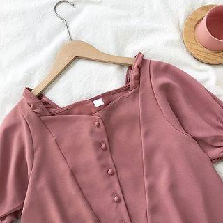 Plaid Single-breasted Flare-sleeve Blouse