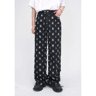 Distressed Fray Hem Straight Leg Jeans