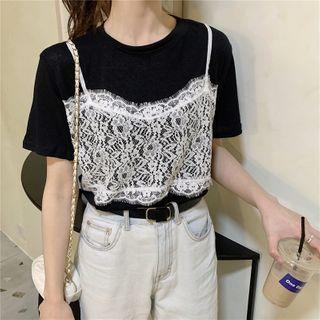 Mock Two-piece Lace Panel Elbow-sleeve T-shirt