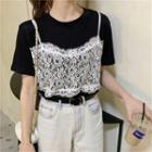 Mock Two-piece Lace Panel Elbow-sleeve T-shirt
