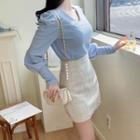 V-neck Puff-sleeve Ribbed T-shirt