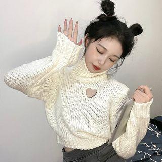 Mock Neck Long-sleeve Plain Open Knit Top