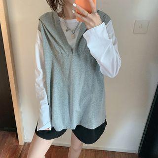 Mock Two-piece Long-sleeve Hooded Top