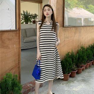 Sleeveless Striped Knit Dress Stripes - Black & White - One Size
