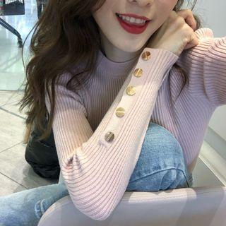 Button-cuff Ribbed Knit Sweater