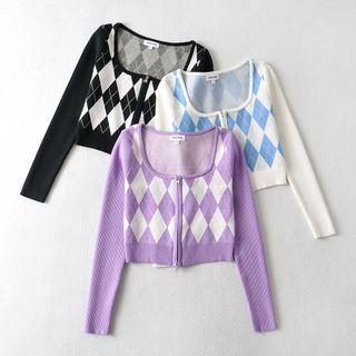 Long-sleeve Zip Argyle Knit Top