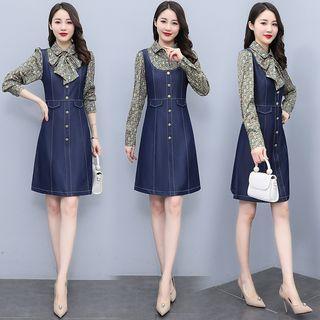 Long-sleeve Floral Panel Denim Mini A-line Dress