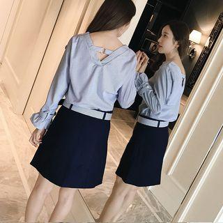 Set: Belted Stripe Blouse + A-line Skirt