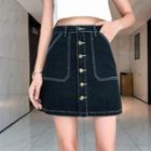Button Up Mini A-line Denim Skirt
